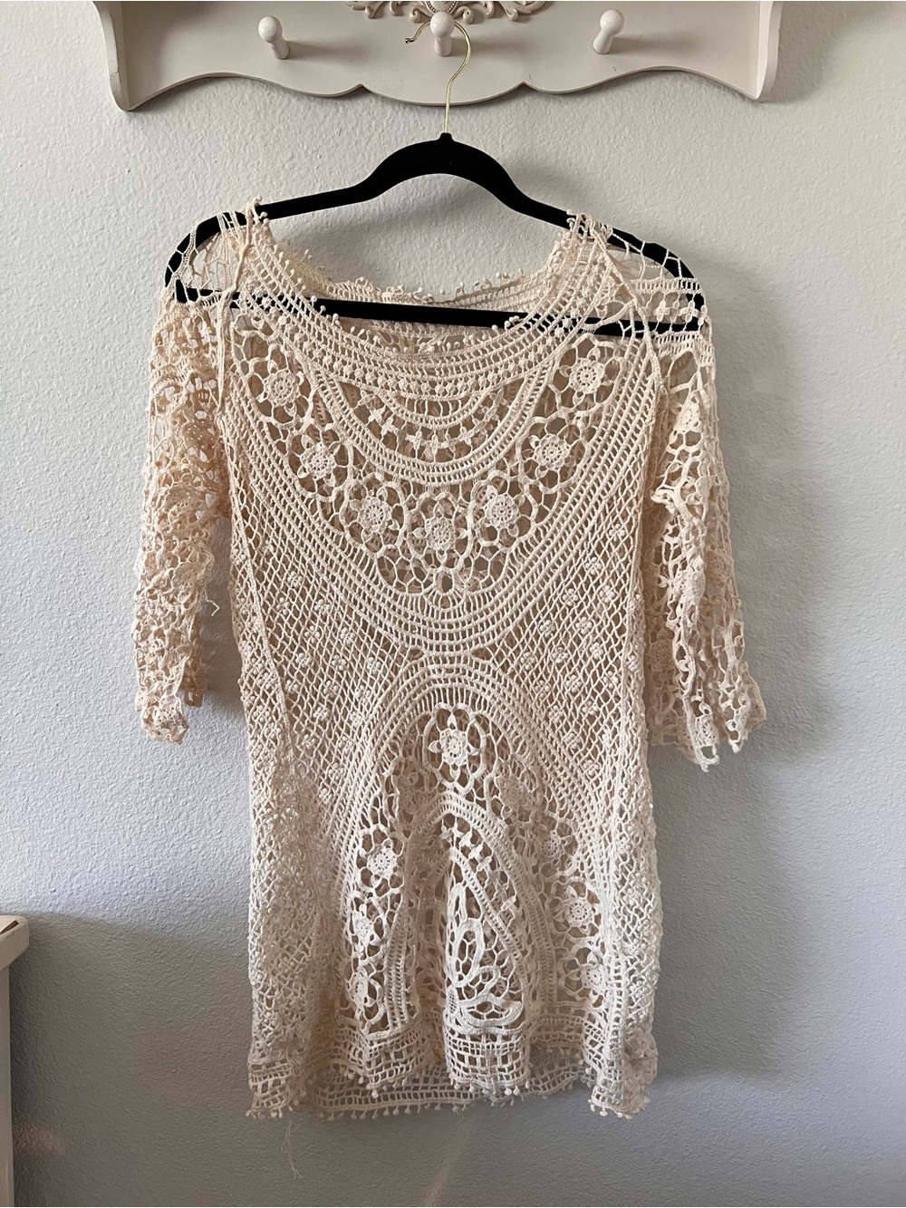 Vintage Crochet Lace Knit Tunic Top Beach Coverup Mini Dress - Cream